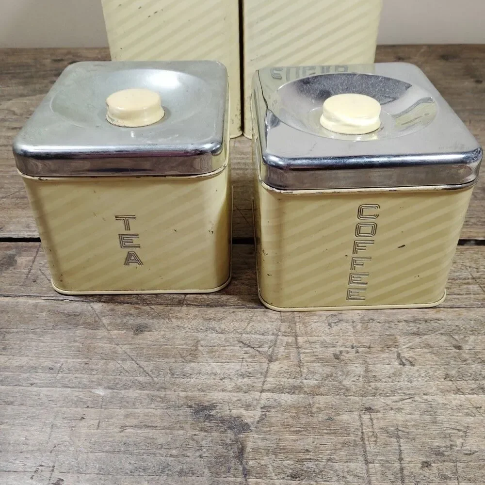 Vintage Lincoln Beautyware Metal Pale Yellow & Chrome Canisters Set 4 Kitchen